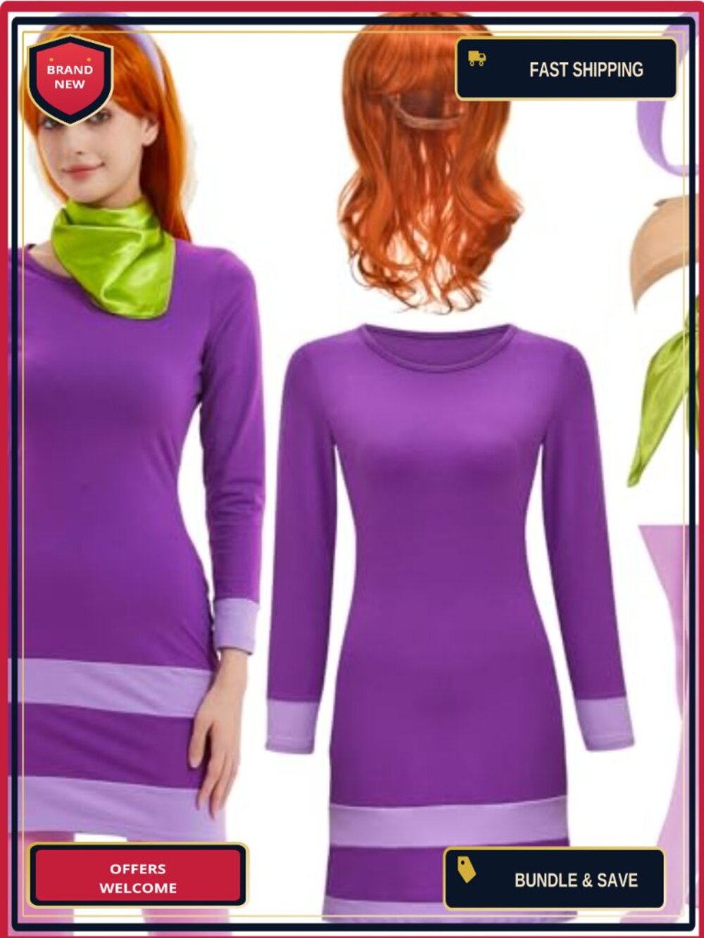 Women's Halloween Costume 6-Piece Set Mini Dress Wig Hairband Scarf Socks